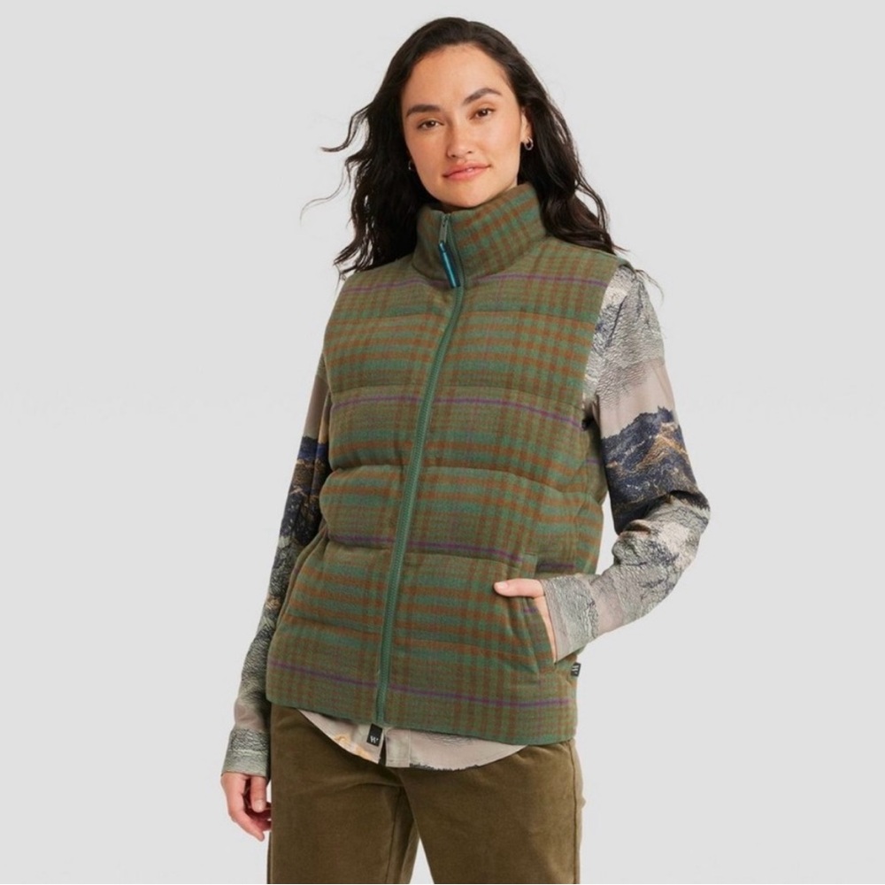 Green and Brown Quilted Puffer Vest with High Collar